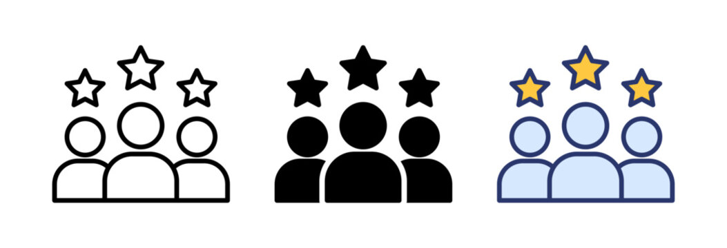 Team success and customer rating icons featuring people silhouettes with stars, set of user experience and human resources symbols in outline, solid black, and blue color styles