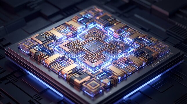 Quantum Processing Unit: Hyper-Detailed Micro-Architecture Glowing Blue Purple
