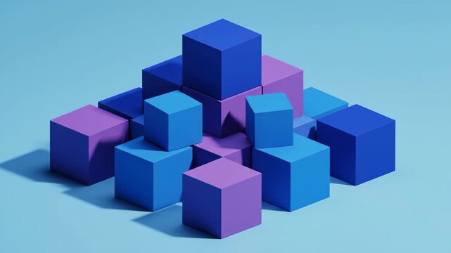 Muted Blue and Purple Geometric Cubes Stacked on a Light Studio Background in 3D