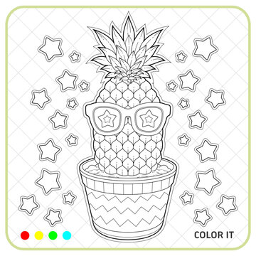 Color the Pineapple Coloring Page for Kids, Cute Pineapple Vector Illustration, Printable Kids Activity Worksheet