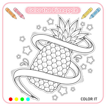 Color the Pineapple Coloring Page for Kids, Cute Pineapple Vector Illustration, Printable Kids Activity Worksheet