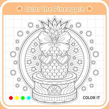 Color the Pineapple Coloring Page for Kids, Cute Pineapple Vector Illustration, Printable Kids Activity Worksheet