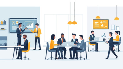 Diverse team collaborating in modern office space with presentation © Chathuranga