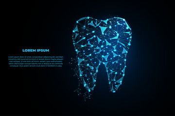 A high‑tech polygonal mesh tooth illustration made of glowing blue nodes and lines on a dark background. © shanto82s