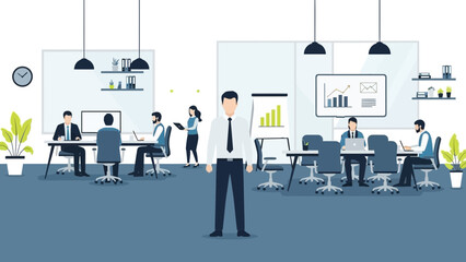 Obraz premium Confident businessman standing in modern office environment with coworkers