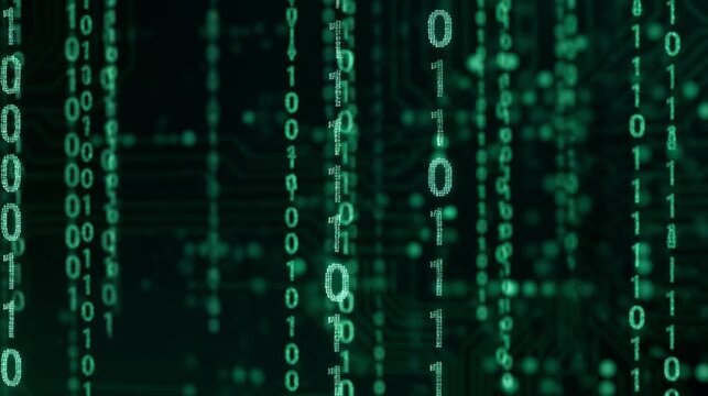 Abstract green binary code falling down on dark background representing digital technology big data and matrix cyber security concept
