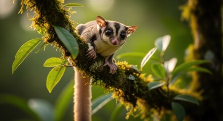 Fototapeta premium Adorable sugar glider mammal perched on mossy tree branch in lush forest habitat