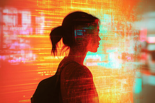 Generative AI glitch art of person silhouette against urban lights and digital rain in abstract futuristic style