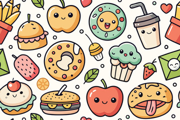 Cute food doodle seamless pattern with smiling faces