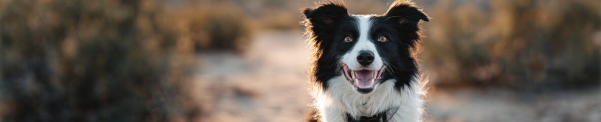 Fototapeta premium Happy border collie in desert landscape at sunset