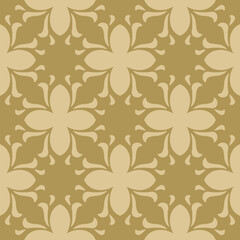 Abstract golden vector geometric floral ornament. Simple gold seamless pattern with flower mosaic elements, leaves, foliage. Elegant background texture with gothic mediaeval motifs. Repeating design