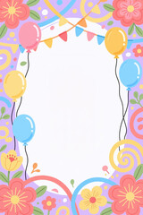 Vibrant illustration featuring balloons, flowers, and bunting on a purple background with swirling patterns and bright colors, creating a lively and festive atmosphere.