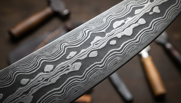 Forged Damascus steel blade texture with intricate wavy metal pattern