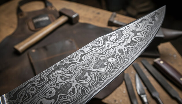 Forged Damascus steel blade texture with intricate wavy metal pattern