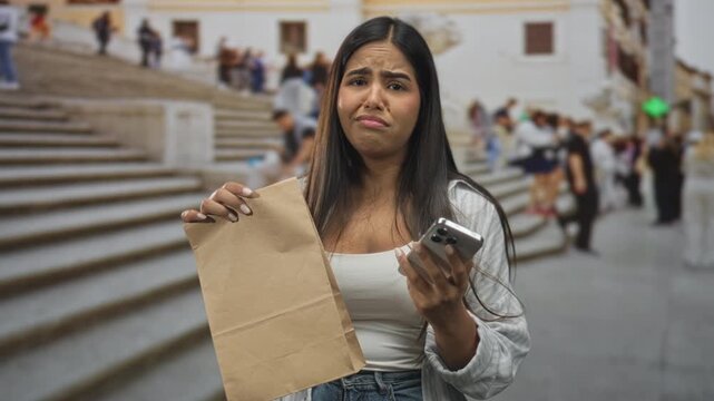 Woman holding paper bag and smartphone, squints at screen on crowded street steps near a landmark; frustration delay.