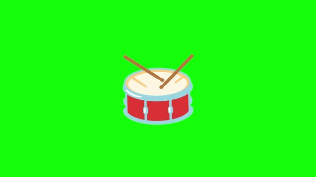 Animated a cartoon-style drum emoji with two drumsticks hitting alternately in rhythm, looped animation on a chroma key green screen background.