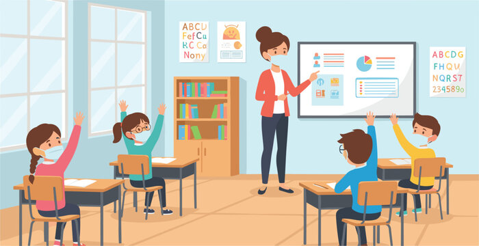 Elementary School Classroom Scene Illustration Featuring Teacher and Students Learning
