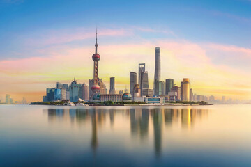 Shanghai city and Huangpu river at sunrise, China.