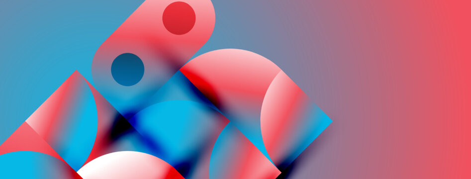 Abstract composition featuring overlapping circles, vibrant blues, reds, gradients. Modern design, smooth transitions, dynamic shapes present.