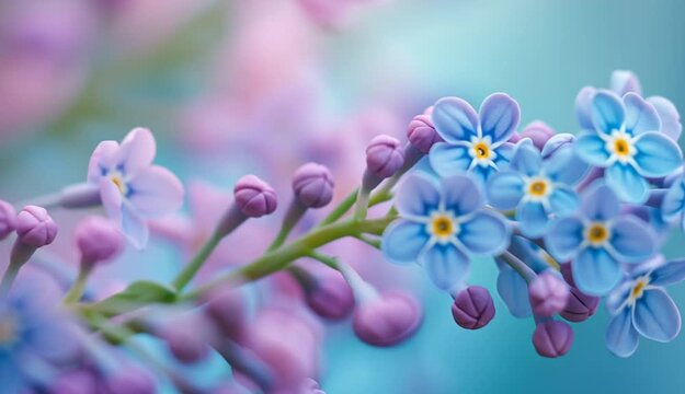 Close-up cluster of delicate blue and purple forget-me-not flowers against soft turquoise background, small four-petaled blooms in shades of light blue, lavender and purple