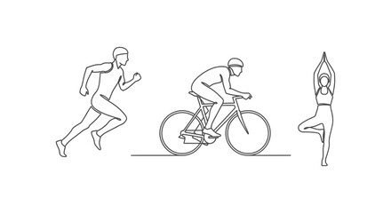 Obraz premium continuous line art sports fitness illustration depicting a runner cyclist and yogi for active healthy lifestyle and modern graphic design.
