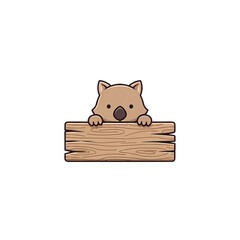 A whimsical illustration of a cute wombat, its big eyes convey curiosity, peeking out from behind a wooden sign.