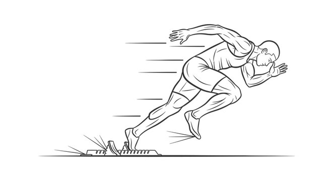 sprinter starting race graphic showing a powerful male athlete exploding from starting blocks illustrating athletic performance and dynamic motion.