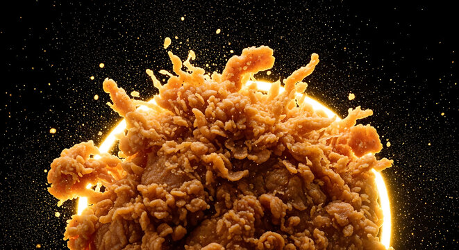 Delicious crispy fried chicken with a golden glow on a dark background.