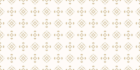 Golden vector geometric seamless pattern in ethnic style. Traditional nordic folk motif. Abstract gold and white texture with small squares, diamonds, flower silhouettes. Repeated luxury background