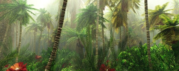Jungle in the fog, palm trees in the morning, haze in the jungle, palm trees in the haze, 3D rendering