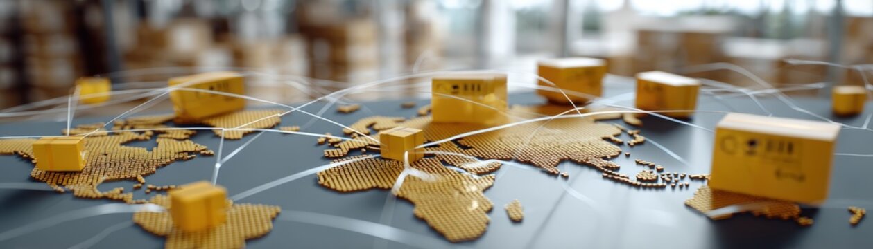 A 3D map of the world with yellow shipping boxes connected by lines, global logistics and supply chain networks, global trade, complexity, interdependence
