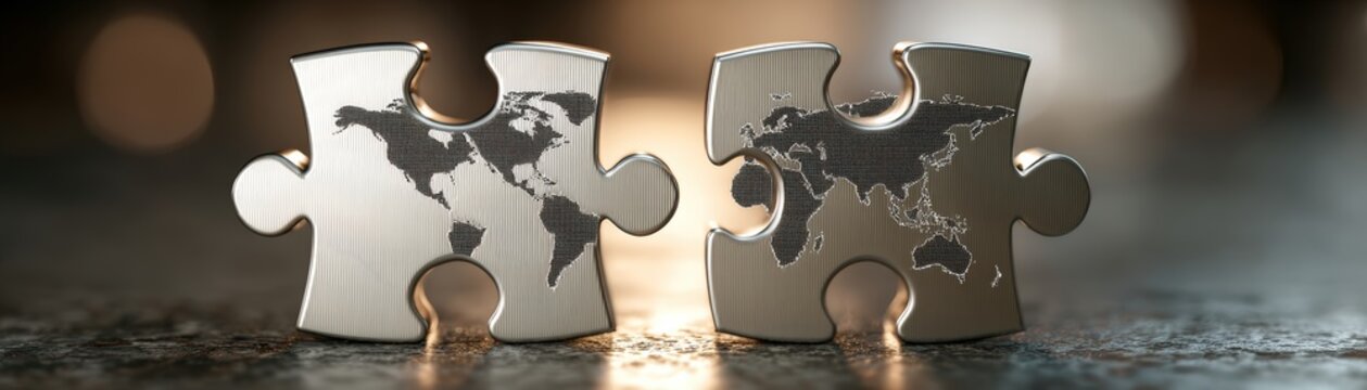 Two metallic puzzle pieces featuring world maps, connection and unity, set against a blurred background, global trade, complexity, interdependence