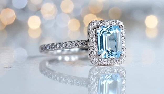 Elegant aquamarine engagement ring with emerald-cut blue topaz center stone surrounded by diamond halo, white gold or platinum pave band
