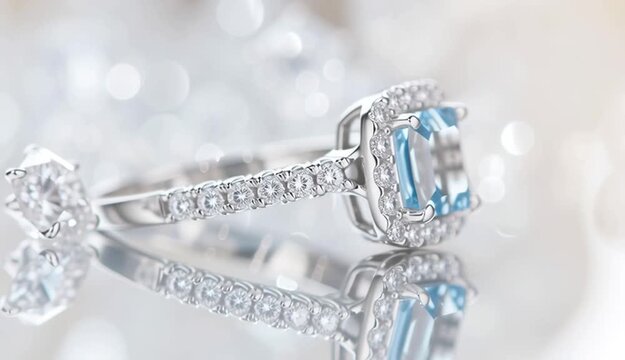 Elegant aquamarine engagement ring with emerald-cut blue topaz center stone surrounded by diamond halo, white gold or platinum pave band
