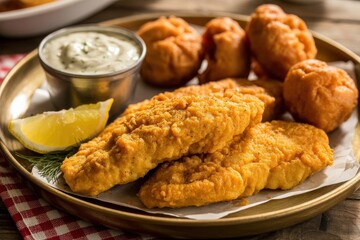Golden fried fish and hushpuppies with dipping sauce