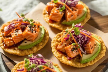 Salmon sashimi tostadas with avocado and microgreens on wooden board