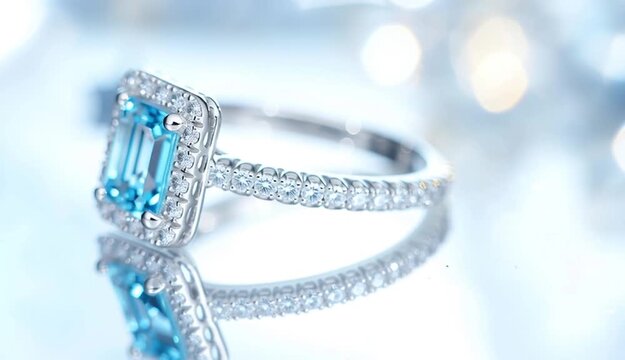 Elegant aquamarine engagement ring with emerald-cut blue topaz center stone surrounded by diamond halo, white gold or platinum pave band
