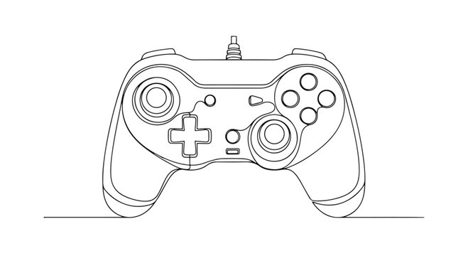 Line drawing of a video game controller with joysticks and buttons on a white background