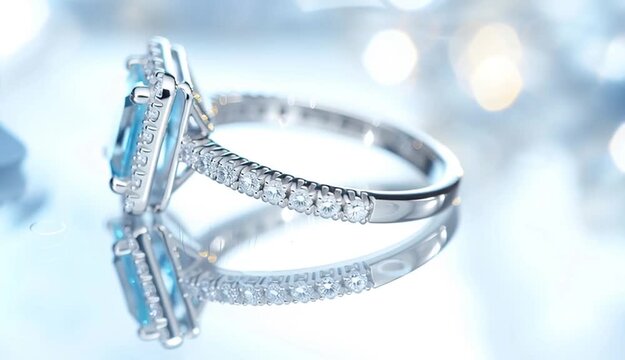 Elegant aquamarine engagement ring with emerald-cut blue topaz center stone surrounded by diamond halo, white gold or platinum pave band
