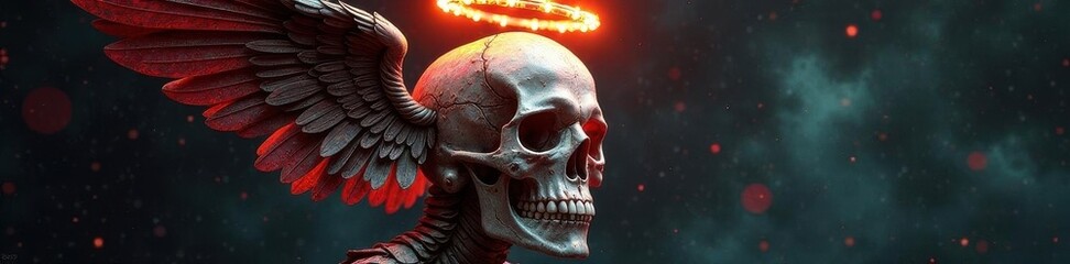 Obraz premium Intricate skull adorned with angel halo, cupid's bow and arrows, cupid, celestial, macabre