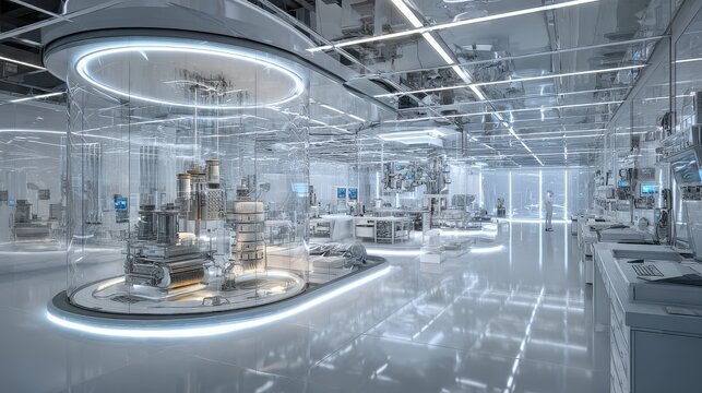 Recycle innovation, eco lab experimenting with material reuse technology, futuristic clean room, 3D illustration.