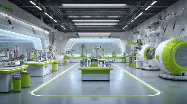 Recycle innovation, eco lab experimenting with material reuse technology, futuristic clean room, 3D illustration.