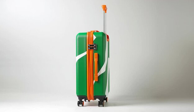 Modern rolling suitcase with Nigerian flag design in green and white colors, orange handle and orange wheel accents, black spinner wheels