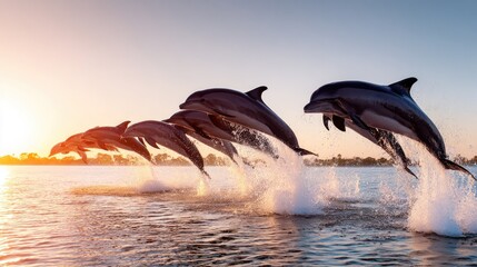 Group of marine mammals leaps dynamically above ocean waves during golden hour