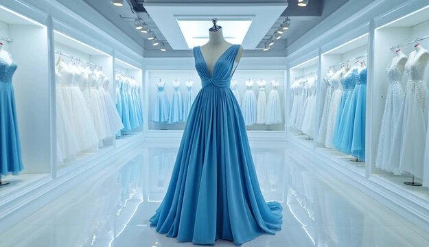 Elegant blue evening gown on mannequin in luxury bridal boutique, deep V-neck dress with ruched waistband and flowing skirt, surrounded by white and light blue gowns on display in glass cases

