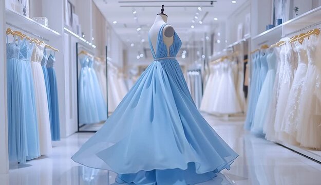 Elegant blue evening gown on mannequin in luxury bridal boutique, deep V-neck dress with ruched waistband and flowing skirt, surrounded by white and light blue gowns on display in glass cases
