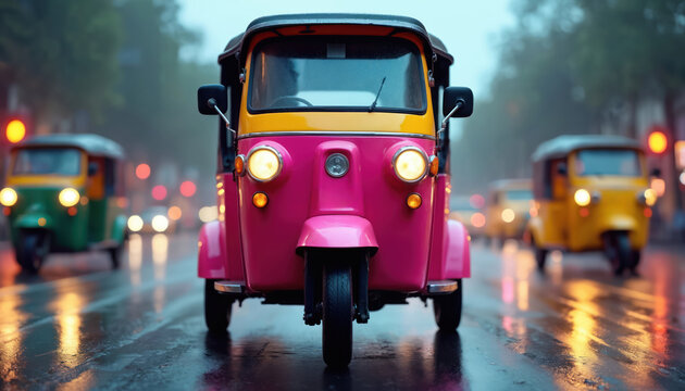 Pink auto rickshaw moves on wet city street during rain. Other tuk tuks pass by on blurred background. Colorful vehicles on traffic lane at night.