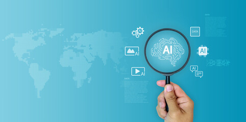Magnifying glass over digital brain AI icon with world map background. Futuristic technology for data processing and international connectivity. Global artificial intelligence search concept.