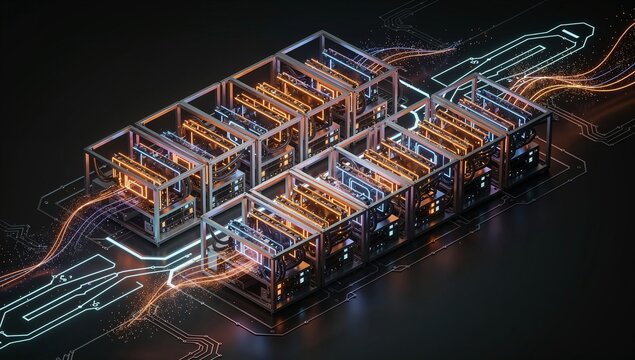 Isometric cryptocurrency mining farm concept with rows of glowing GPU racks and digital data flow.