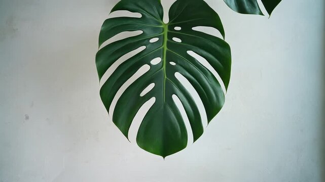Closeup of a vibrant green Monstera leaf against a bright white background.